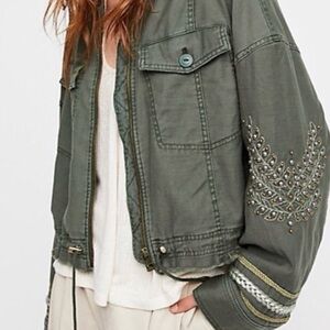 Free People Olive Green Khaki slightly Cropped Military Embellished Jacket